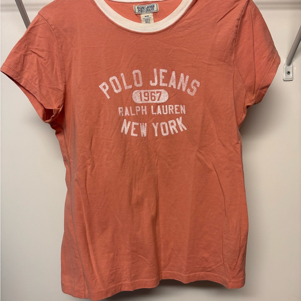 Polo Ralph Lauren women's pink cotton graphic t-shirt with a white ringer collar - Picture 3 of 7